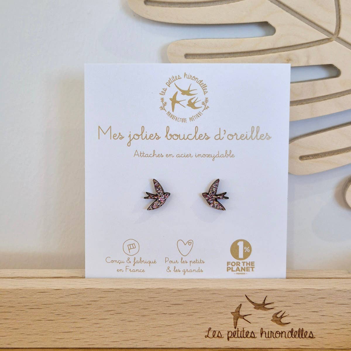 Boucles d'oreilles en bois pailletées - Hirondelles