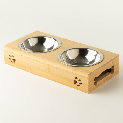 PAW Gamelles - Double bol en acier inoxydable sur support en bois - x2