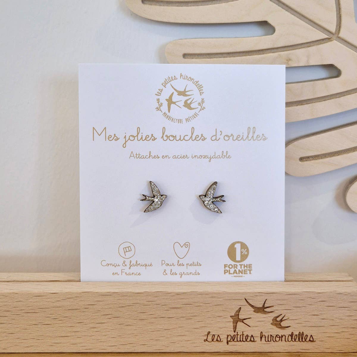 Boucles d'oreilles en bois pailletées - Hirondelles