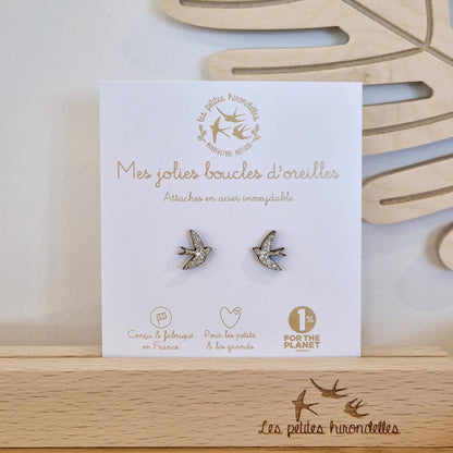 Boucles d'oreilles en bois pailletées - Hirondelles