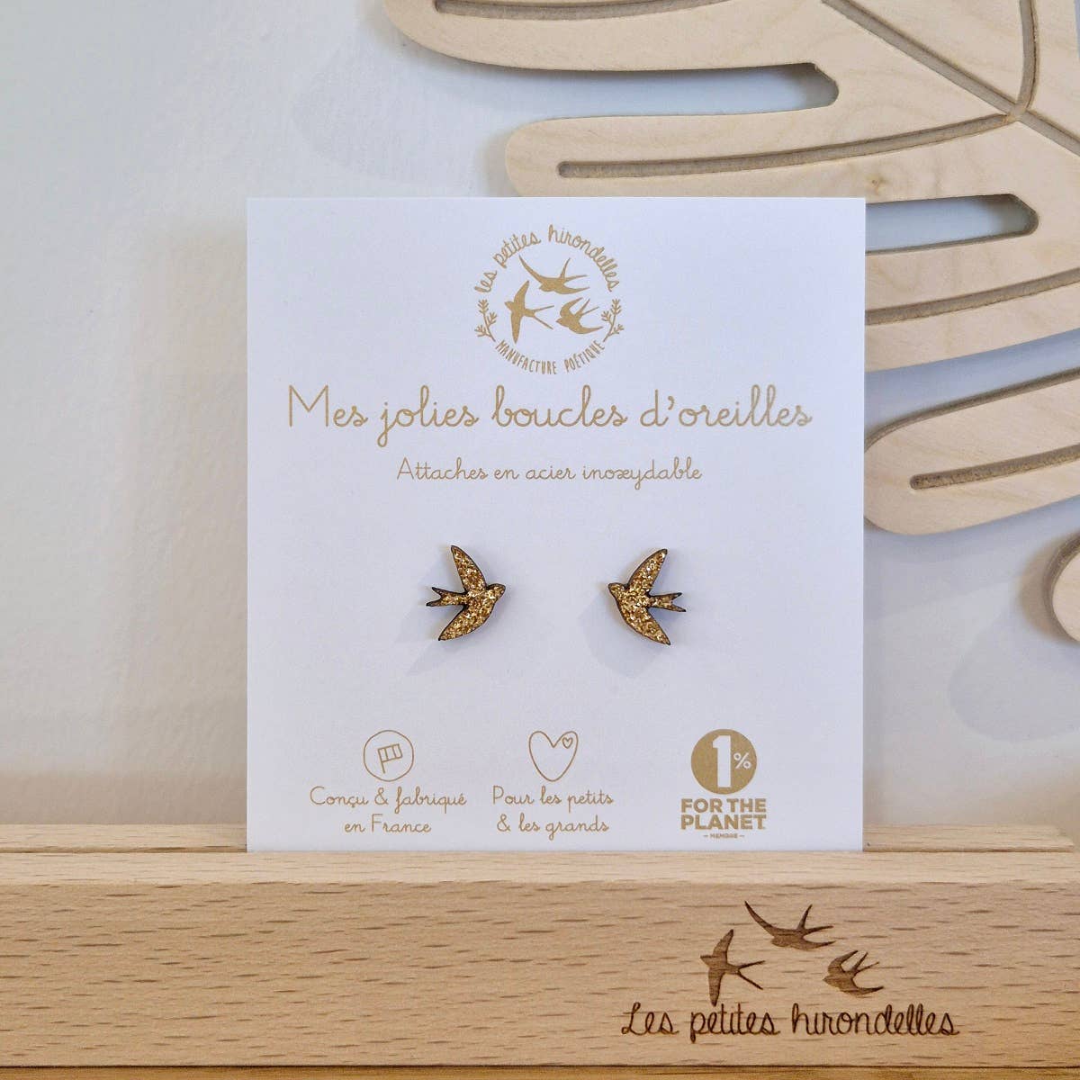 Boucles d'oreilles en bois pailletées - Hirondelles