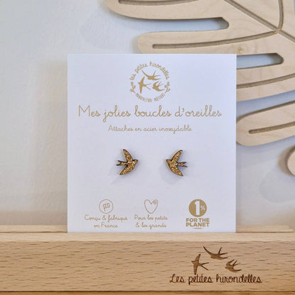 Boucles d'oreilles en bois pailletées - Hirondelles