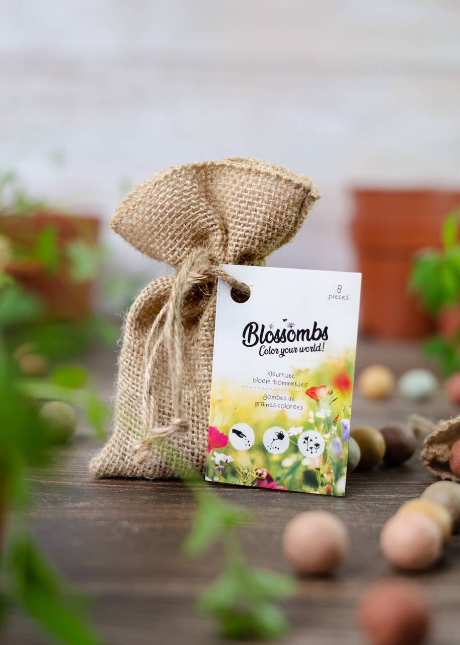 Sac cadeau en jute biologique avec 8 Blossombs colorés