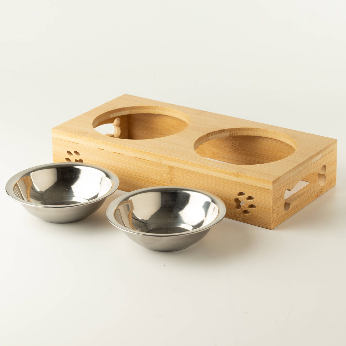 PAW Gamelles - Double bol en acier inoxydable sur support en bois - x2