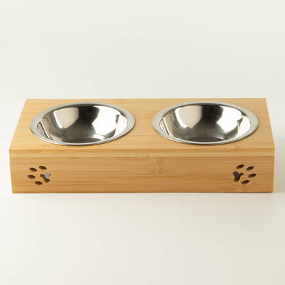 PAW Gamelles - Double bol en acier inoxydable sur support en bois - x2
