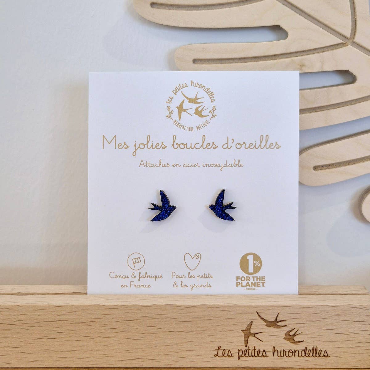 Boucles d'oreilles en bois pailletées - Hirondelles