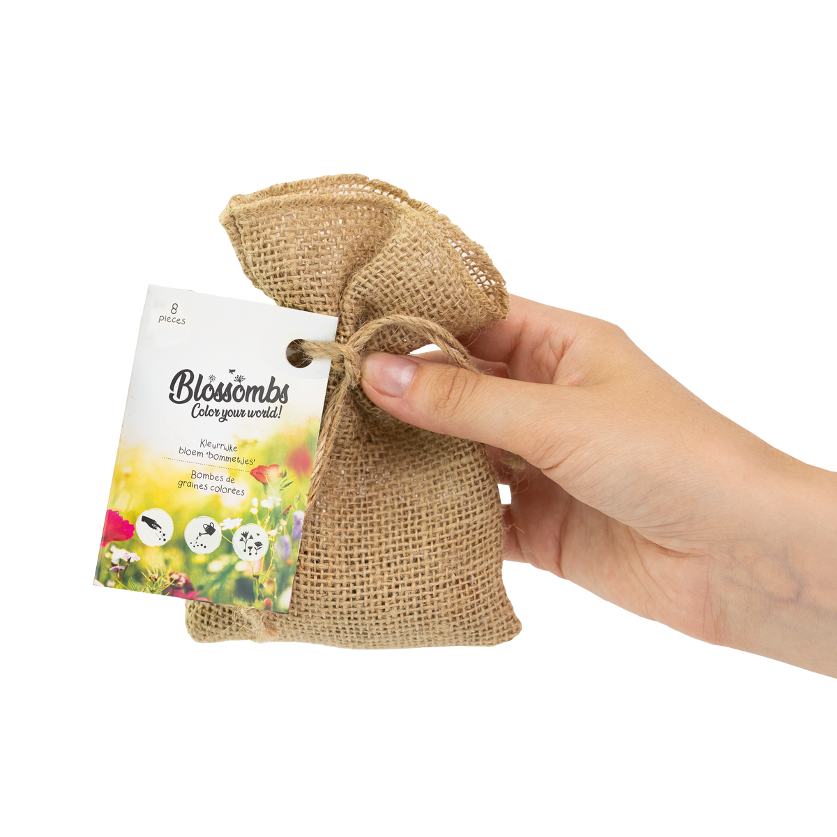 Sac cadeau en jute biologique avec 8 Blossombs colorés