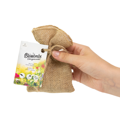 Sac cadeau en jute biologique avec 8 Blossombs colorés